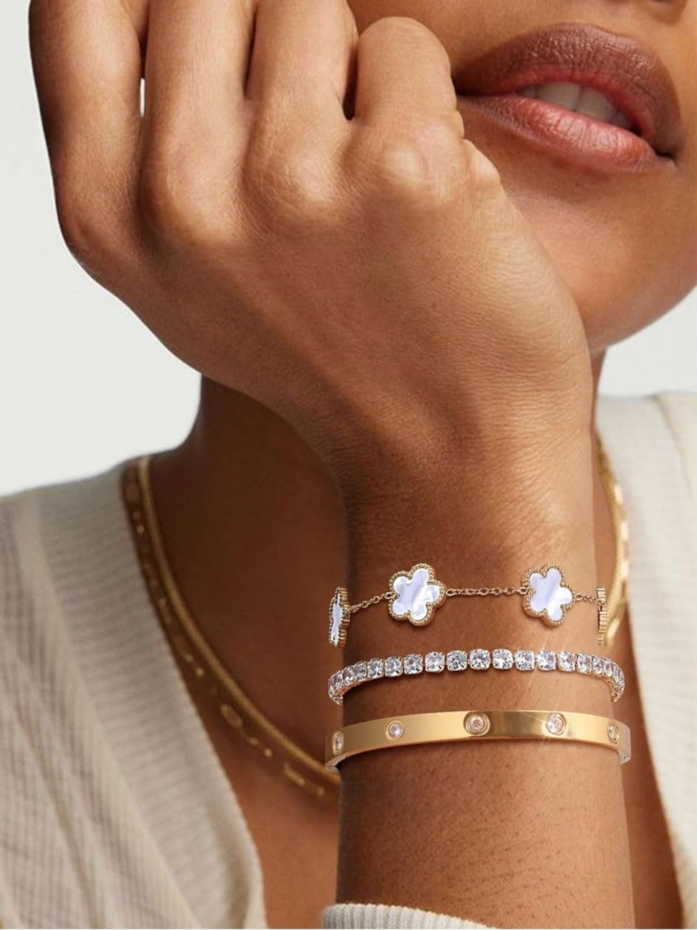 3pc Trendy 18k Gold Plated Bracelets  Clover Stackable Stainless Steel